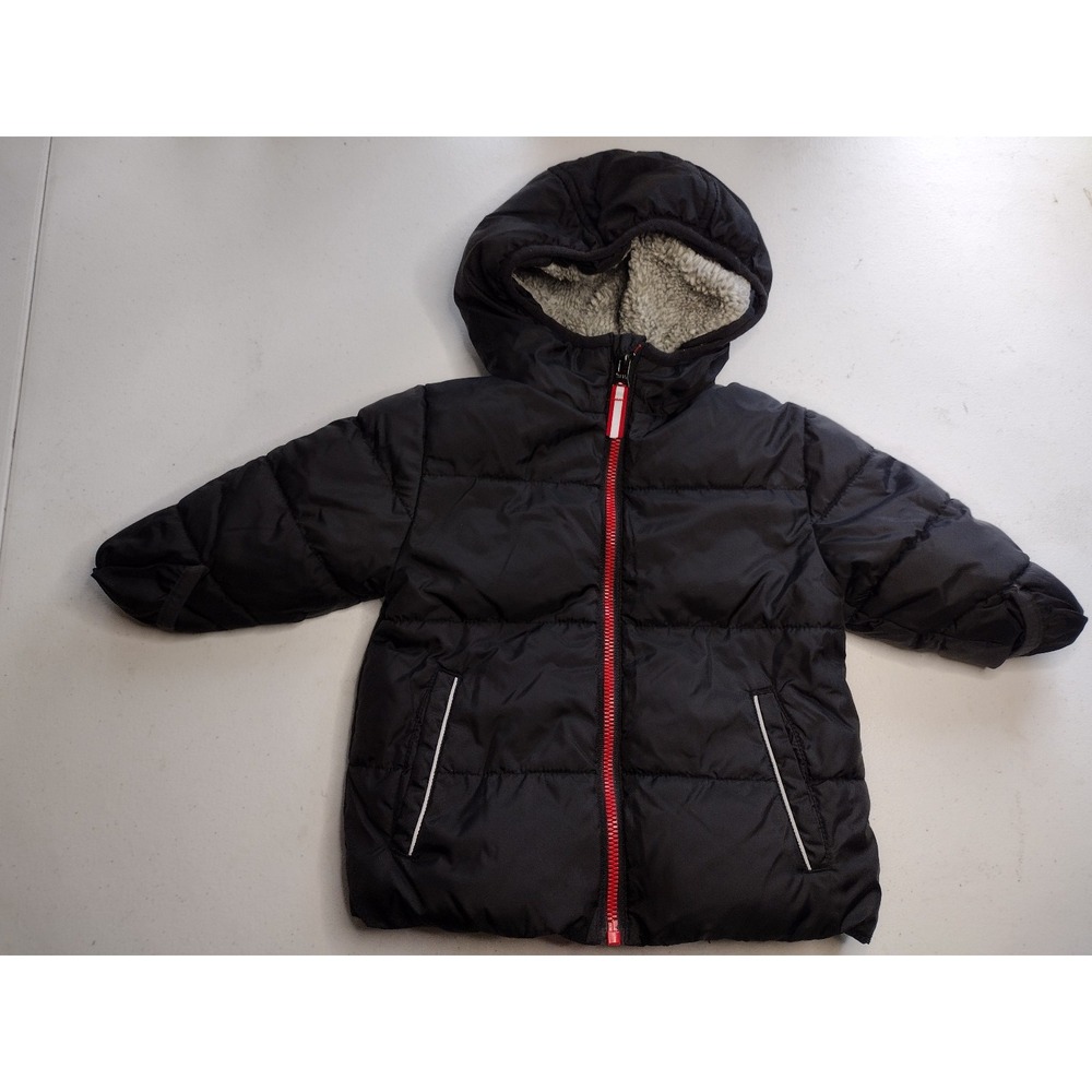 Wonder Nation Baby Hooded Puffer Jacket Black Soot Red Zip 6-9M